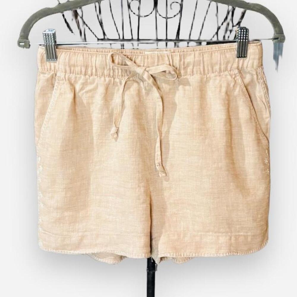 Cynthia Rowley 100% Linen Tan Shorts Small Drawstring Embroidered Pocket Trim 